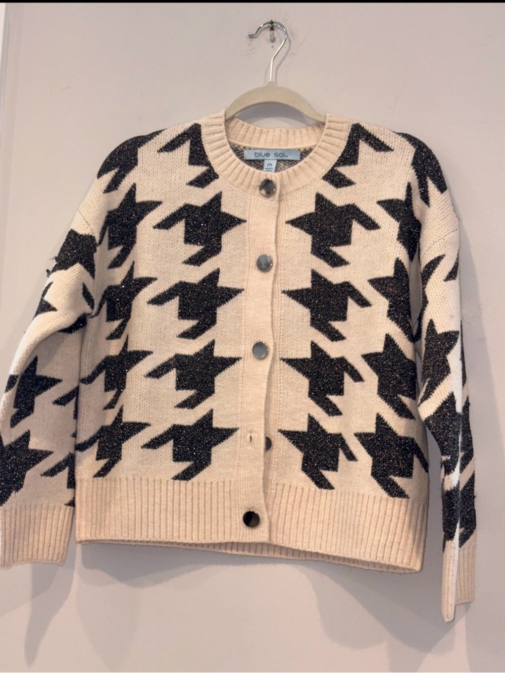 Cream and Black Houndstooth Cardigan Sweater